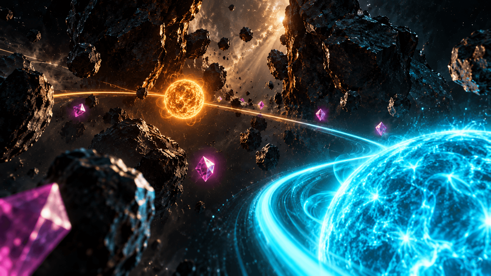 Conceptual view following the cyan sun as an amber sun finds an opening between stone obstacles and crystals
