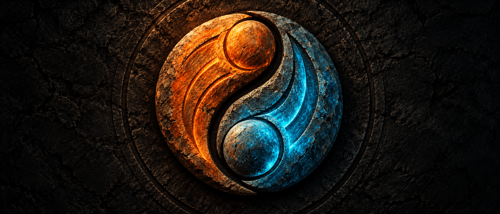 The original Twin Suns stone emblem, its orange and cyan grooves glowing against weathered rock