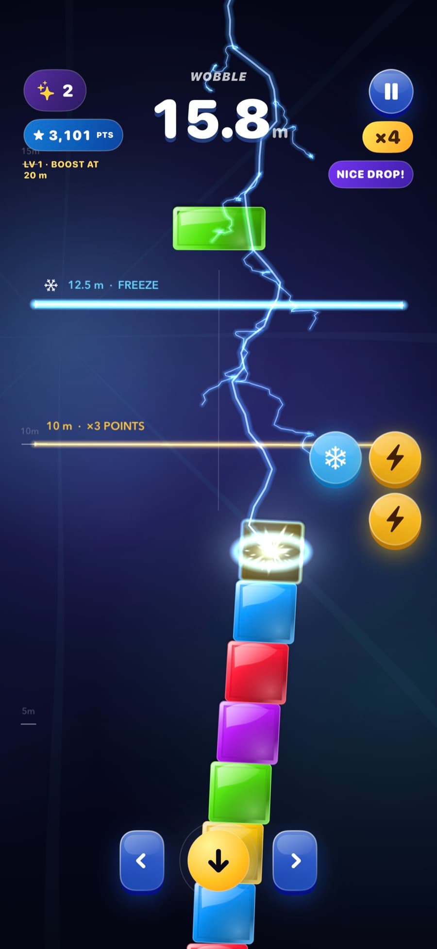 A branching lightning bolt striking a Wobble tower with a bright energy burst