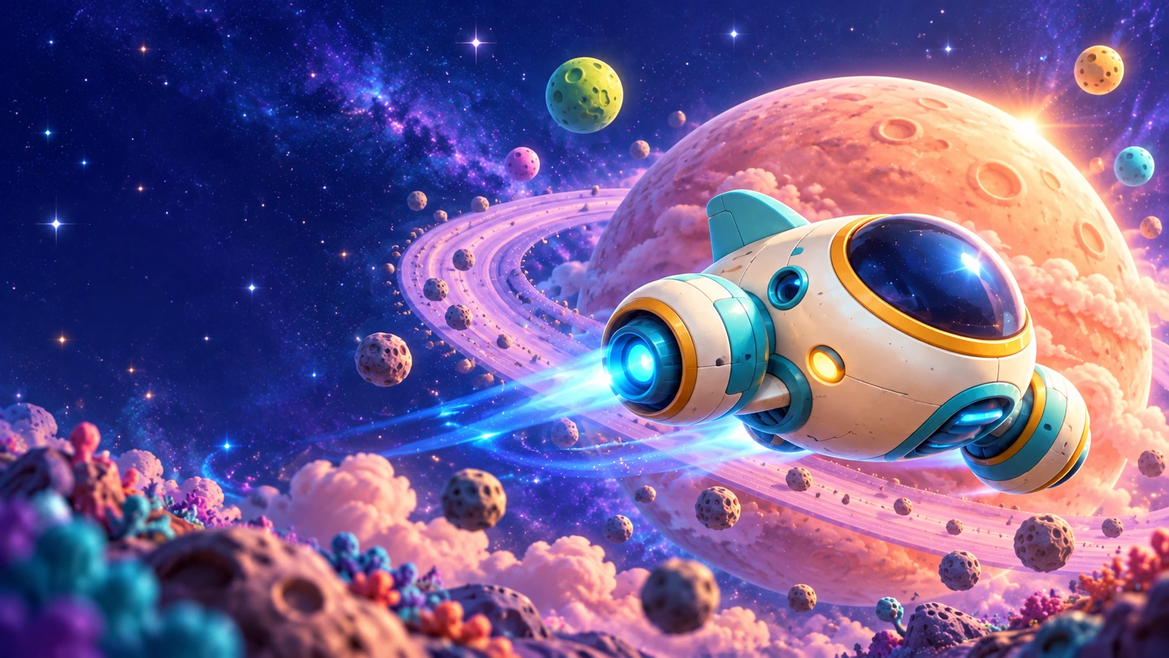 A small cream and turquoise spaceship with bright blue engines races past a giant peach ringed planet