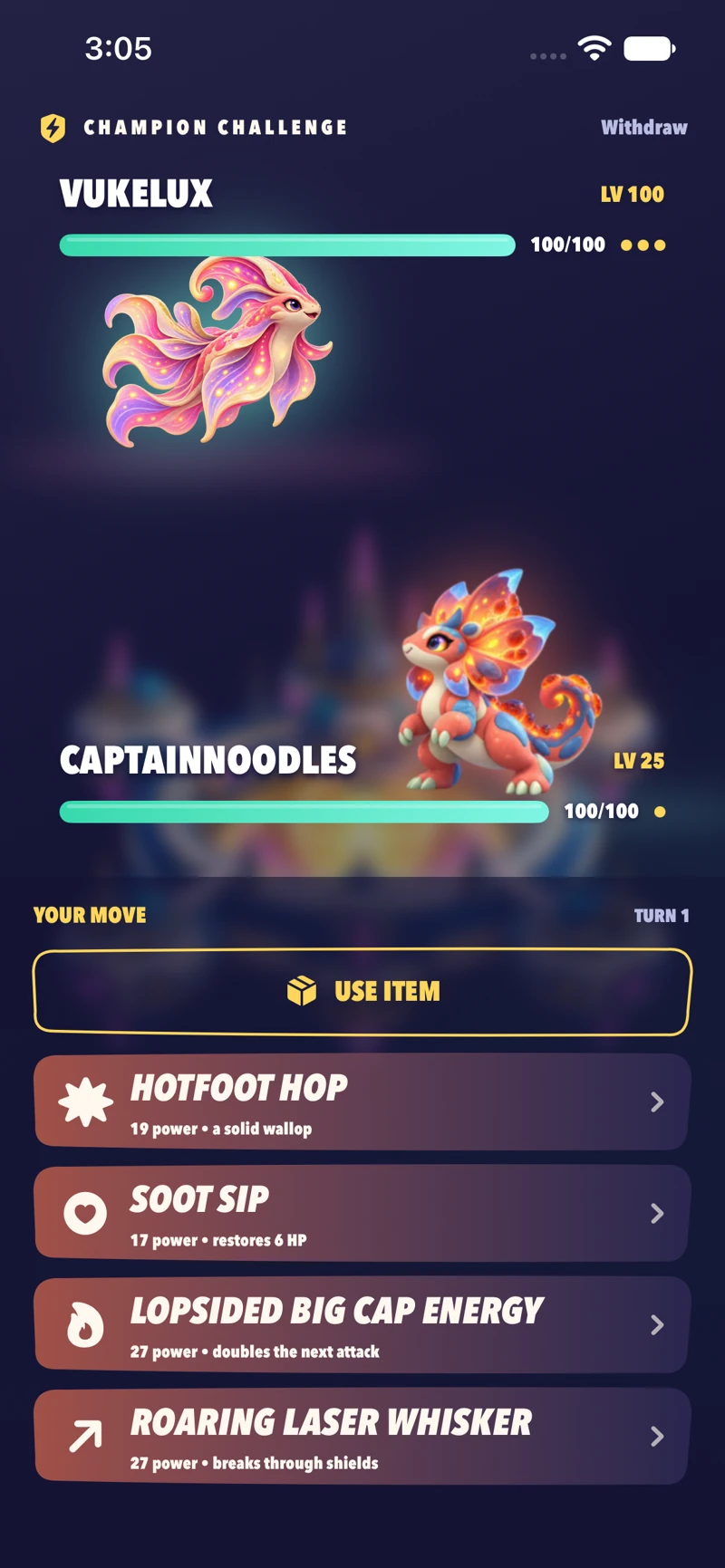 An actual UNKNOWN battle with transformed fauna, health meters, and four move buttons